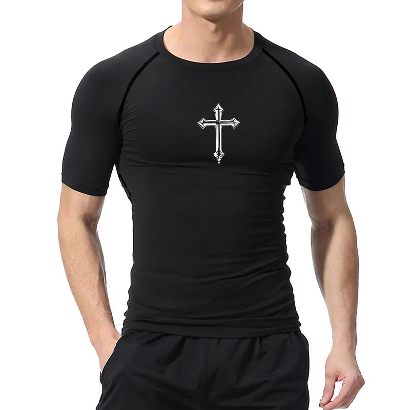 Chemise de compression à imprimé croisé pour hommes, t-shirt athlétique chrétien, hauts d'entraîneme