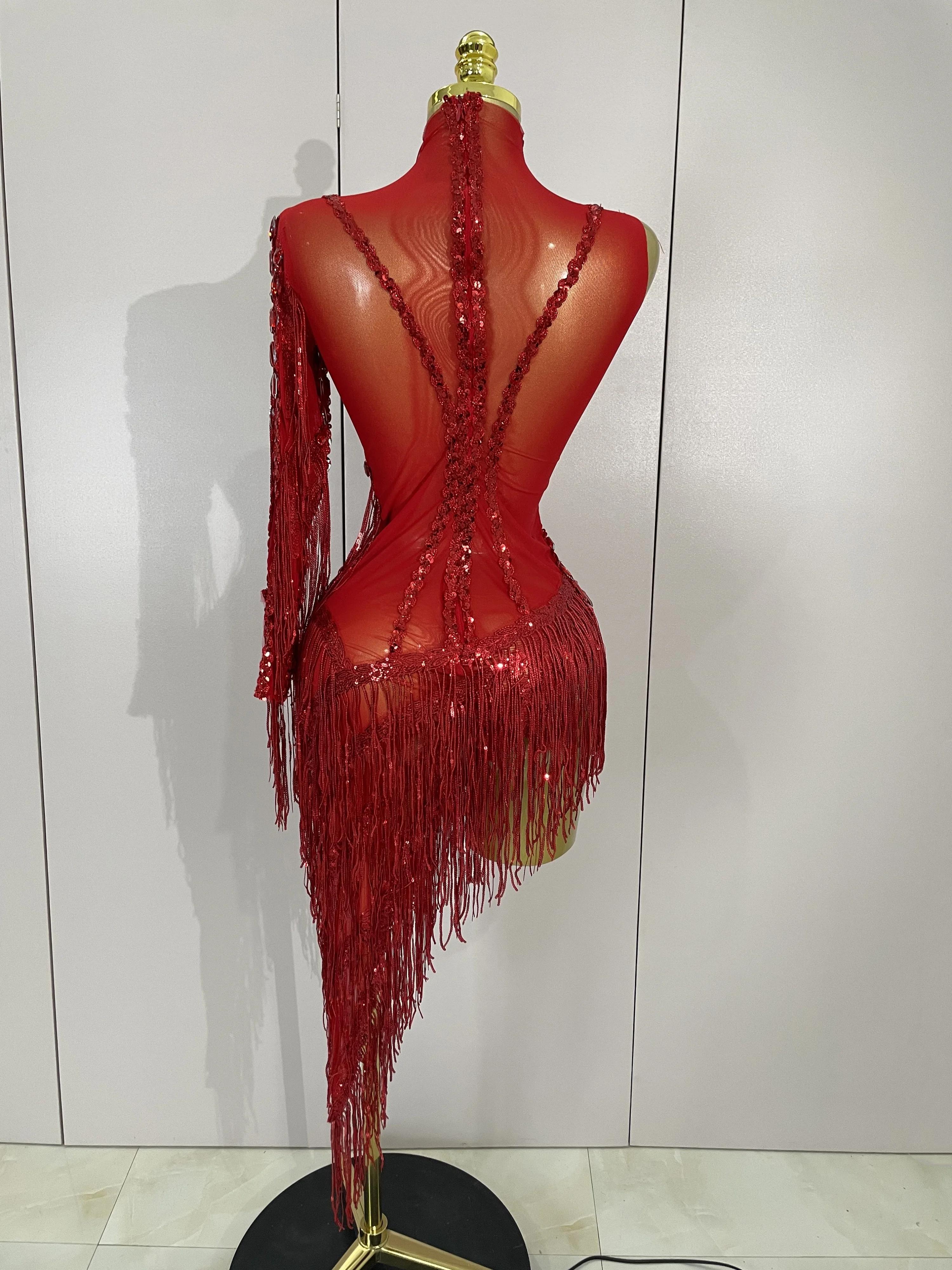 Costume de scène avec franges et strass scintillants pour femmes, robe transparente Sexy, asymétriqu