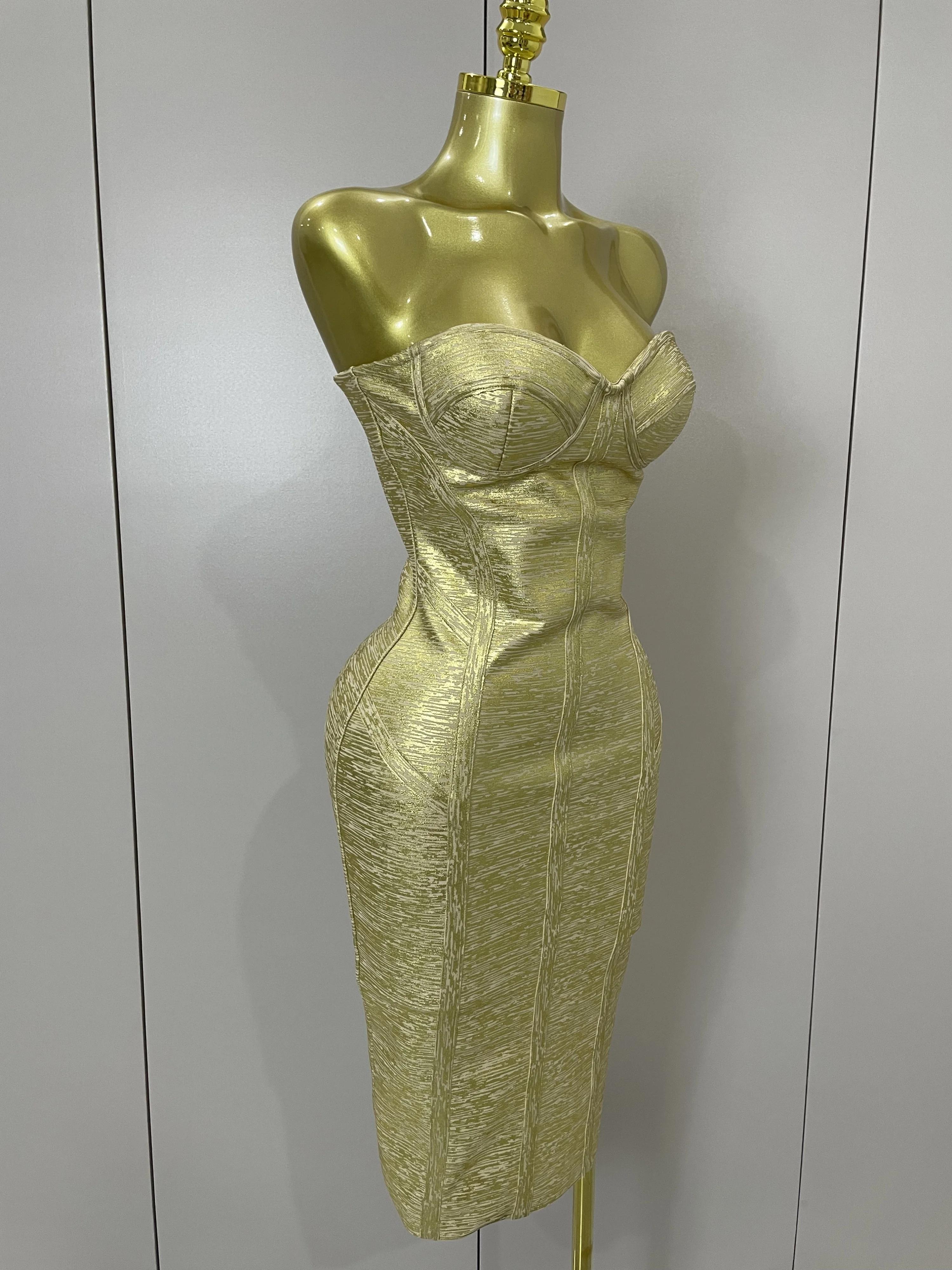 Sexy bretelles or noir feuille couleur moulante robe de pansement 2025New femmes mode célébrer soiré