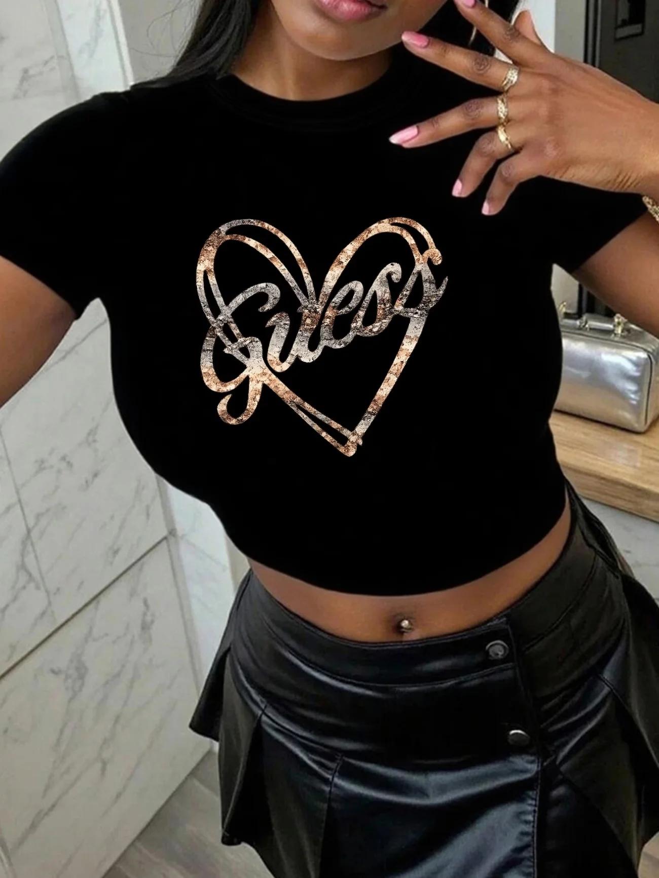 T-shirt à manches courtes pour femme, col rond, imprimé rétro en forme de cœur, ajusté et sans manch