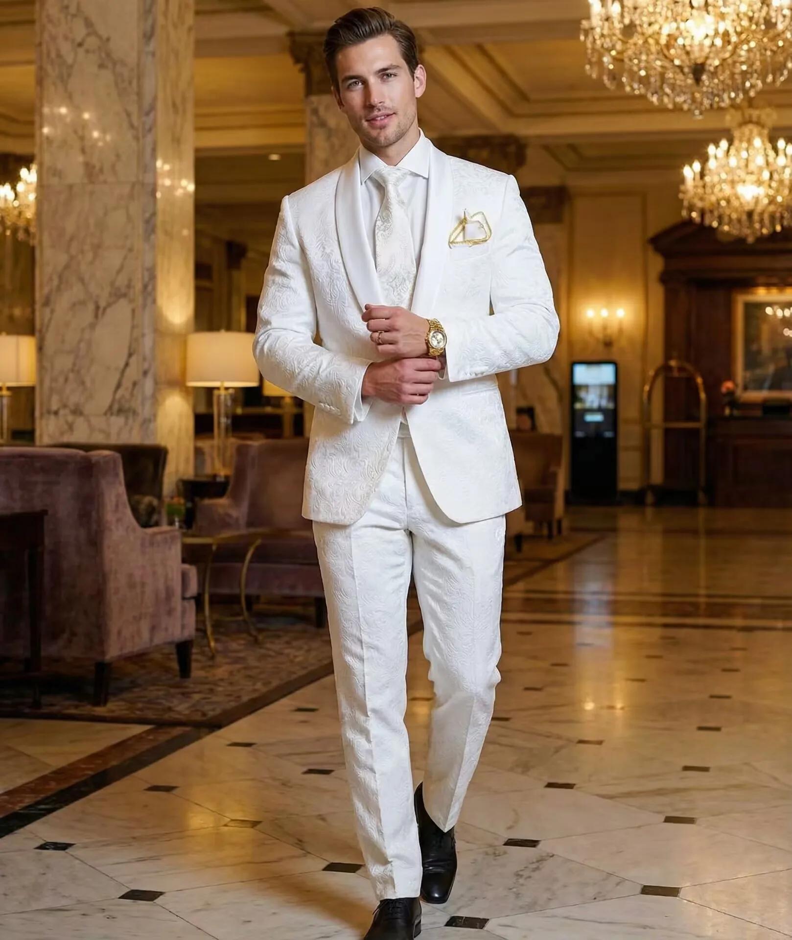 Smokings de marié blancs à motif, revers en satin, costumes pour hommes 2 pièces, mariage, marié