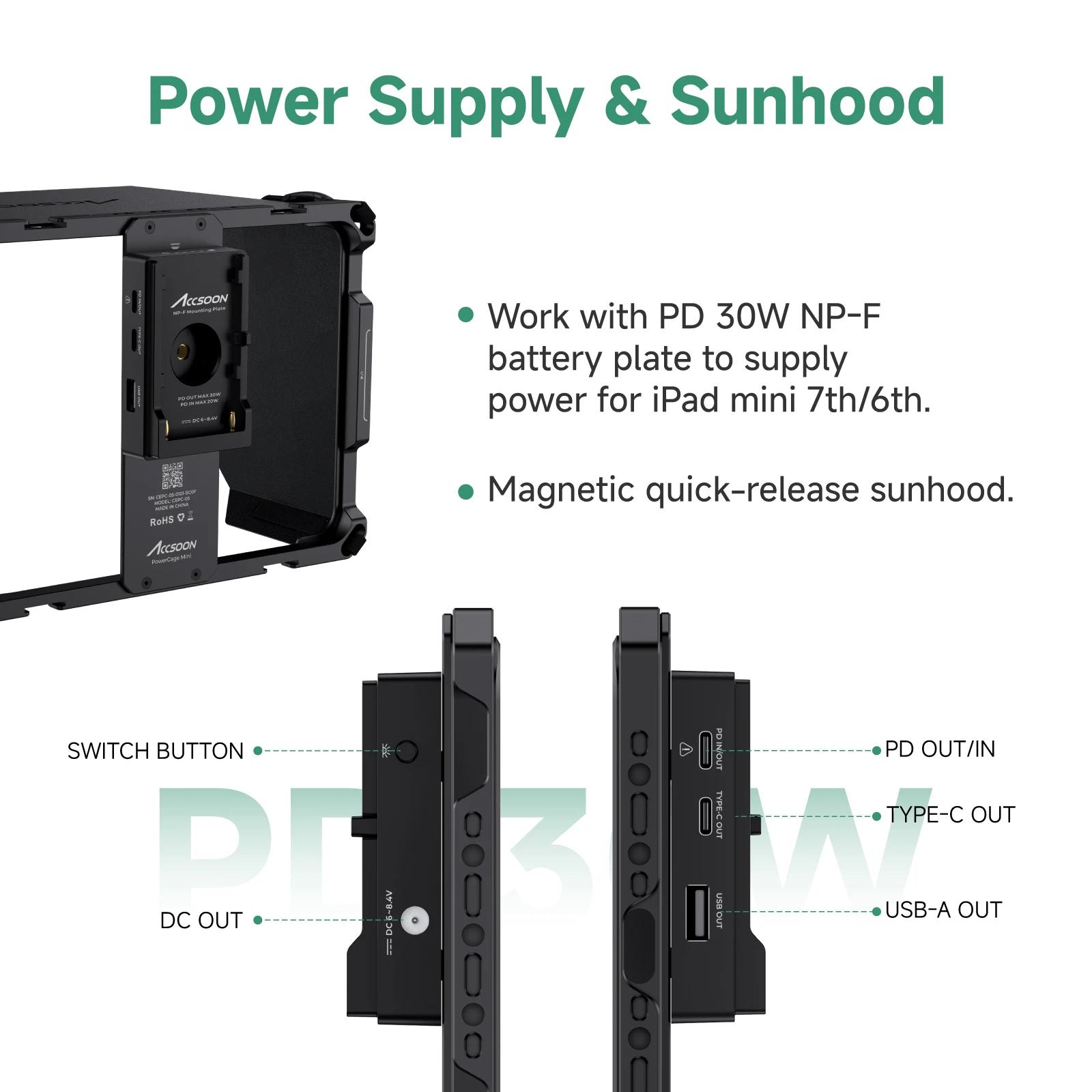 Accsoon PowerCage Mini pour Ipad Mini 6/7 A17pro Cage avec charge de batterie NP-F CEPC-05 1/4 "Goua