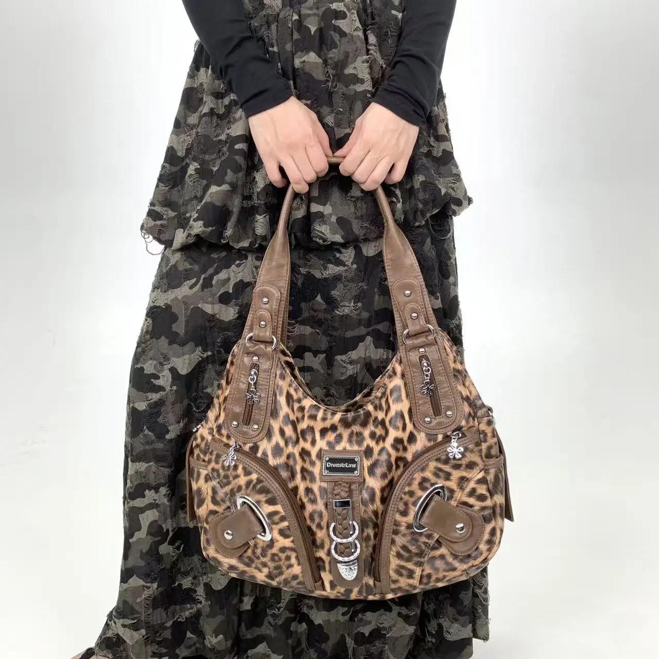 Y2K vintage hot girl personnalité sac à bandoulière imprimé léopard avec plusieurs compartiments, sa