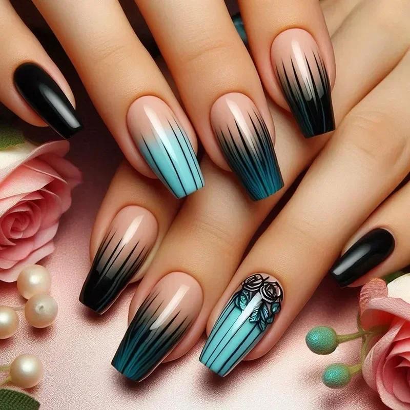 Faux ongles de Ballet en forme d'échelle, 24 pièces, avec bande de colle, Nail Art Floral ombré, pre