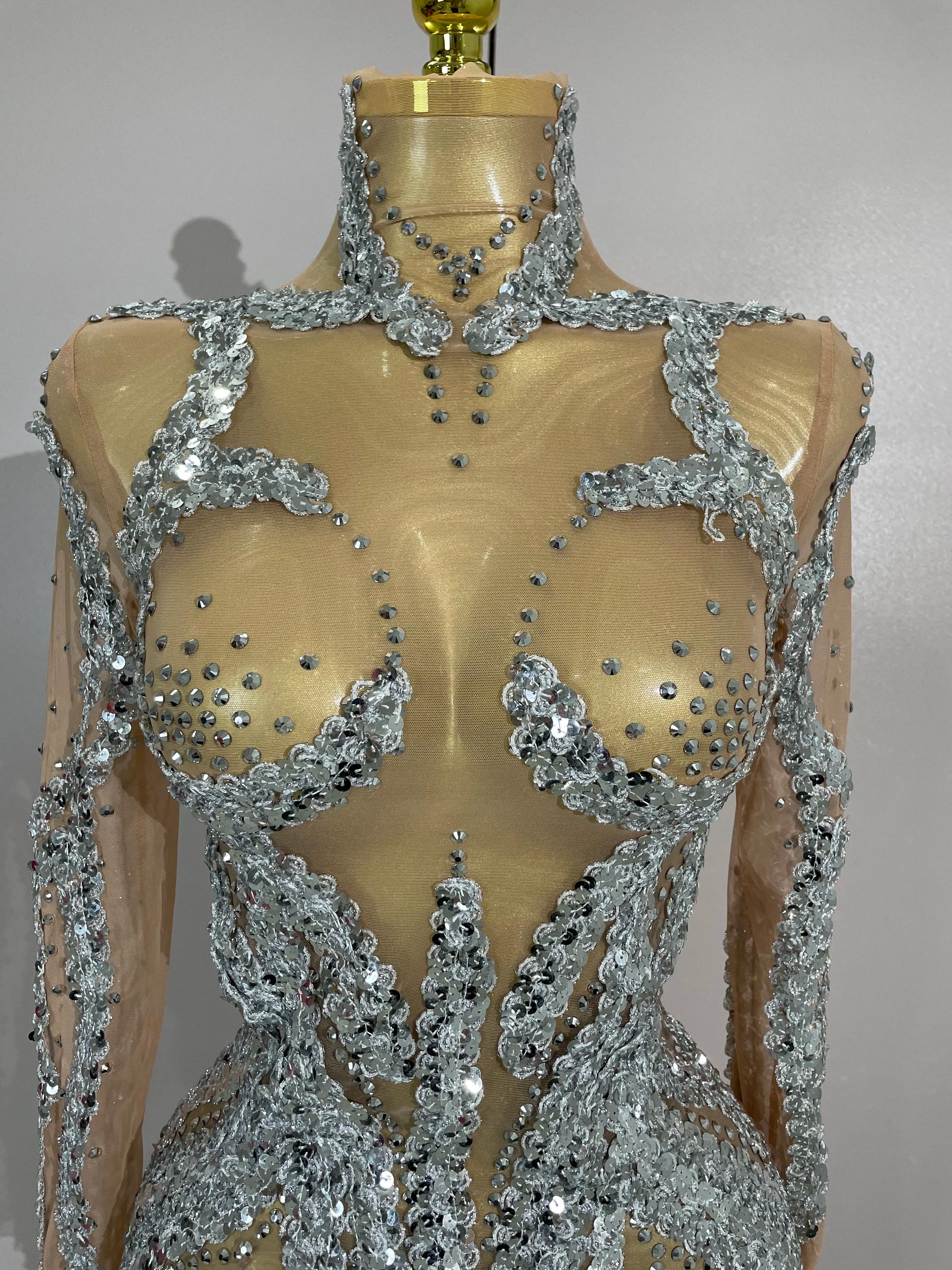 STOCK strass scintillants Sexy maille transparente Mini robe réveillon fête d'anniversaire danse dis