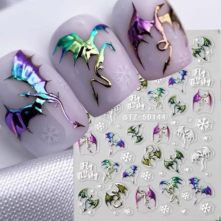 1/2 pièces 5D en relief métallique coloré Dragon ongles autocollants flocons de neige auto-adhésif b
