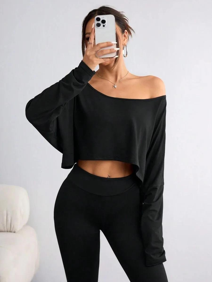 Chemisier noir à manches longues pour femmes, T-shirt décontracté, col asymétrique, haut sans bretel