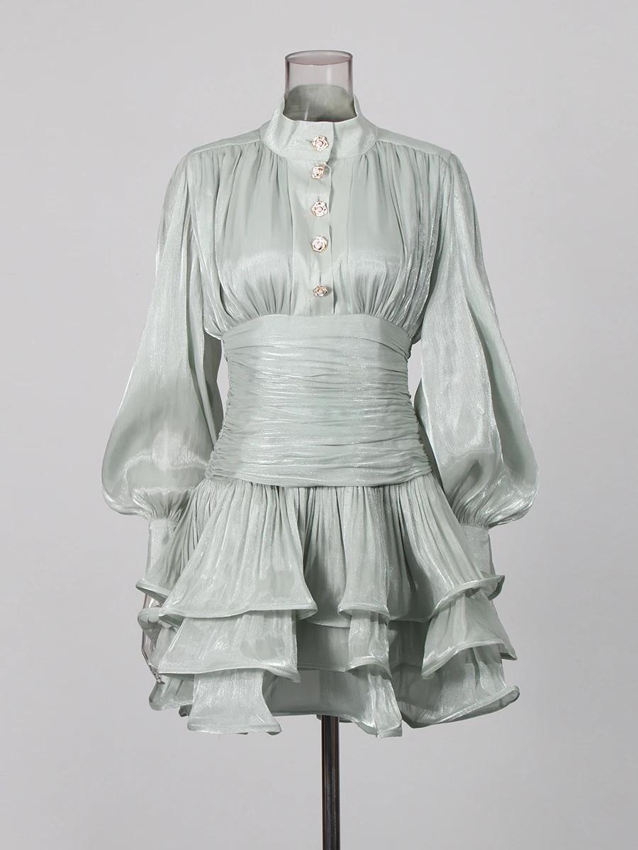 TWOTWINSTYLE élégant minceur épissé volants plis Mini robes pour les femmes col montant manches long