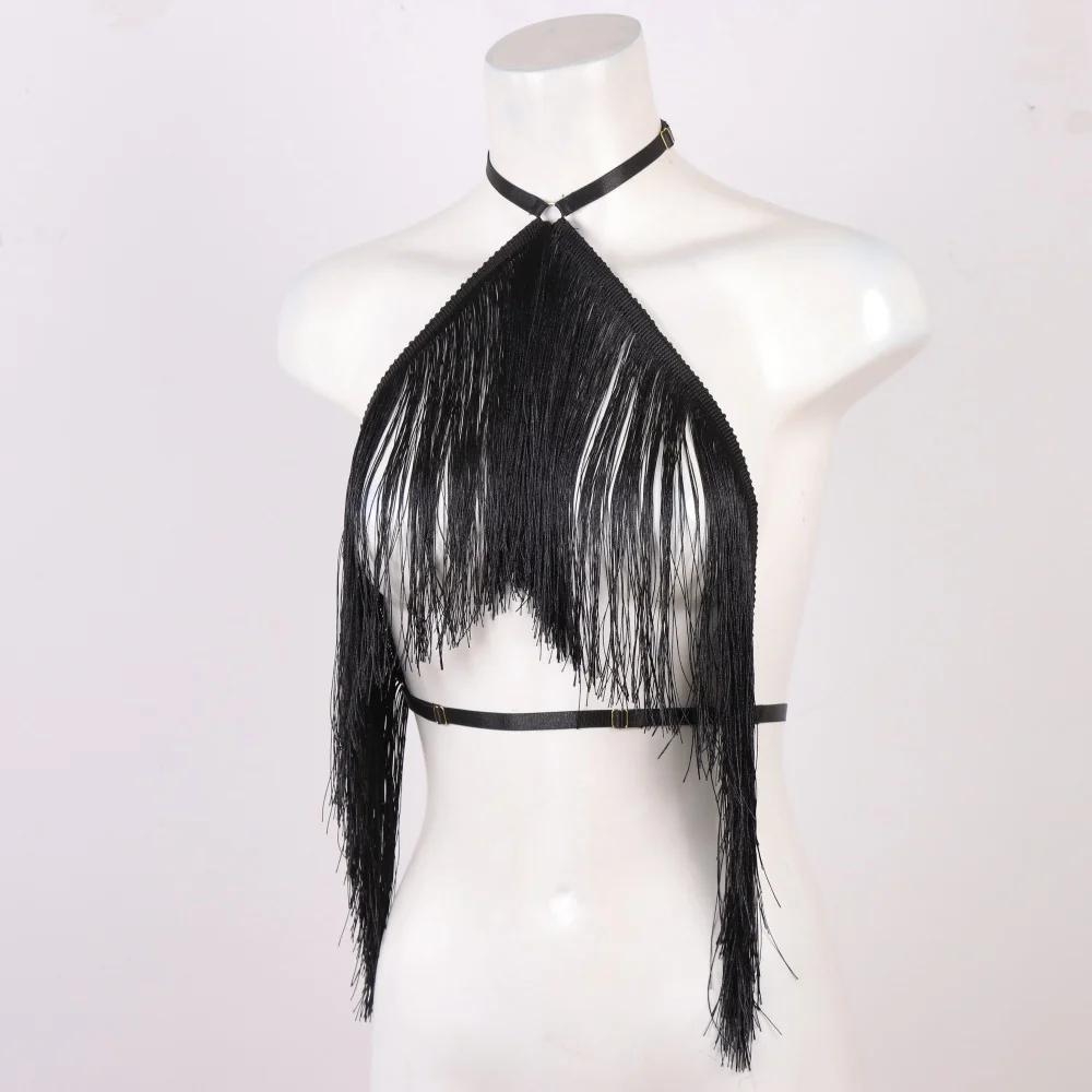 Haut licou à pampilles noires pour femmes, harnais élastique réglable, vêtements toutes saisons, hau