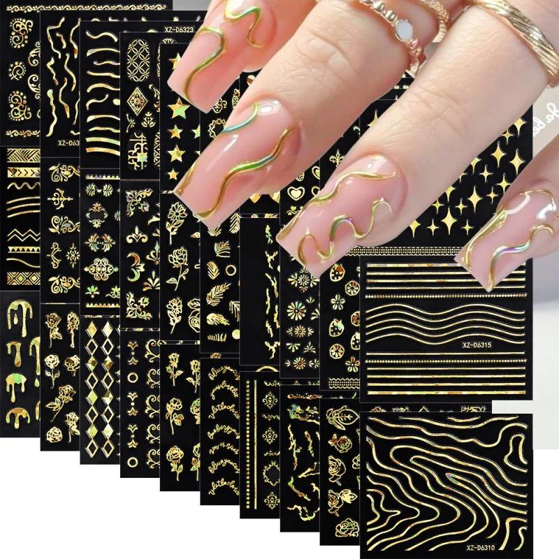 6/30 autocollants pour ongles 3D laser doré rétro, motifs floraux, étoiles, cœurs, feuilles, décorat