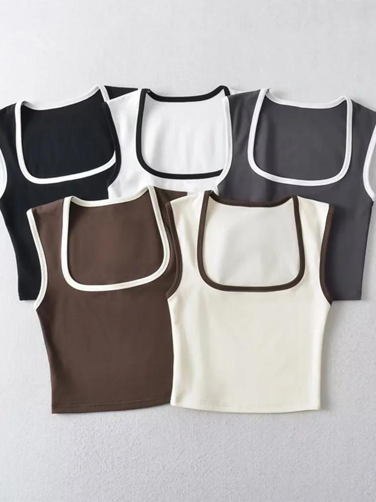 Débardeur sans manches pour femme, Slim, couleur contrastée, décontracté, col carré, haut court, vêt