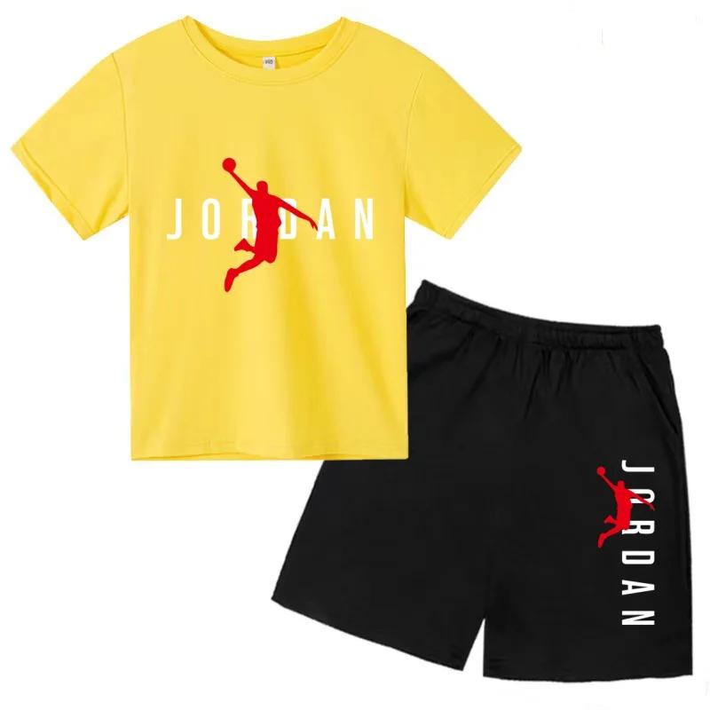 Ensemble deux pièces été 2026 pour enfants : T-shirt blanc et short, imprimé lettres de basket-ball,