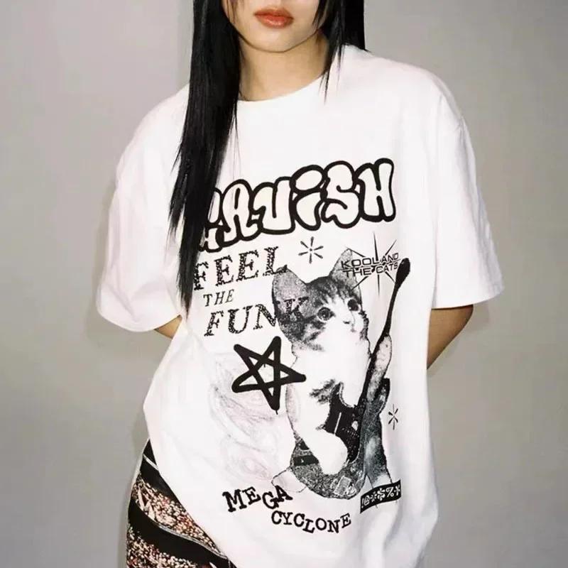 JEGraphic-T-shirt à manches courtes Cat Rock pour femmes, Streetwear américain, Vêtements d'été, Mod