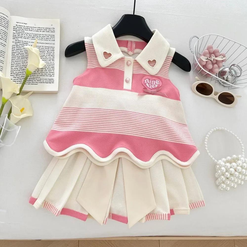 Vêtements roses pour filles de 2 à 9 ans, T-shirt rayé imprimé amour + jupe plissée, ensemble 2 pièc