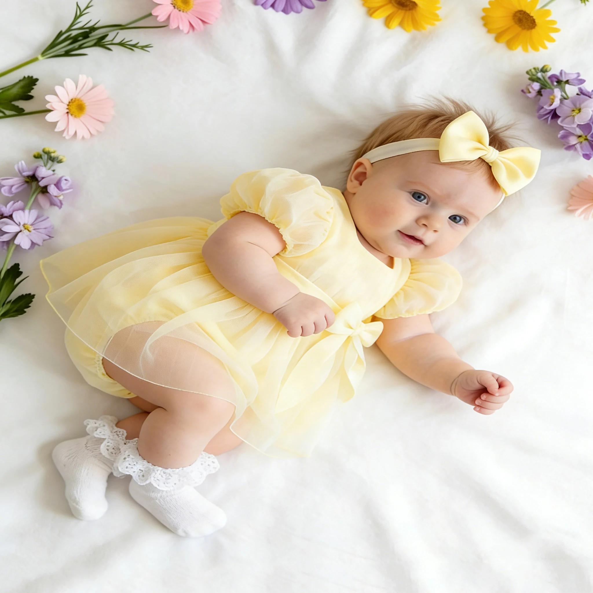 Nouvelle Collection Été : Robe en Tulle à Manches Bouffantes pour Nouveau-né avec Bandeau, Barboteus