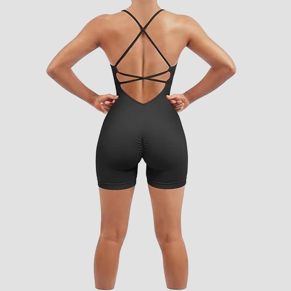 Combinaison de sport sexy pour femme, justaucorps de yoga une pièce, short froncé, dos nu, ajustable