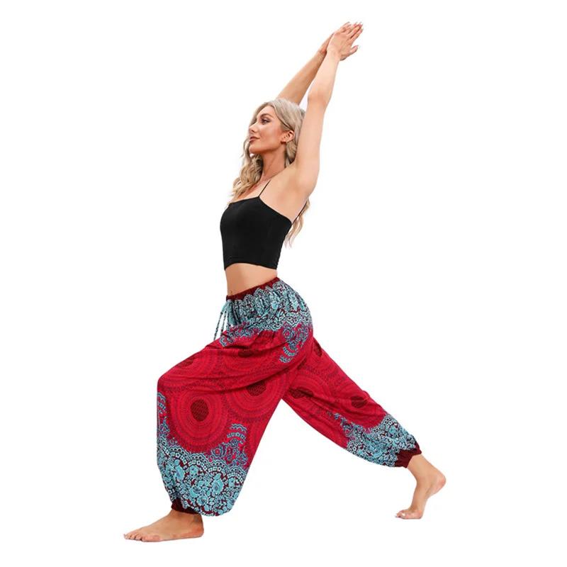 Pantalon de yoga style bohème pour femmes, taille haute, imprimé, embau, tenue de plage
