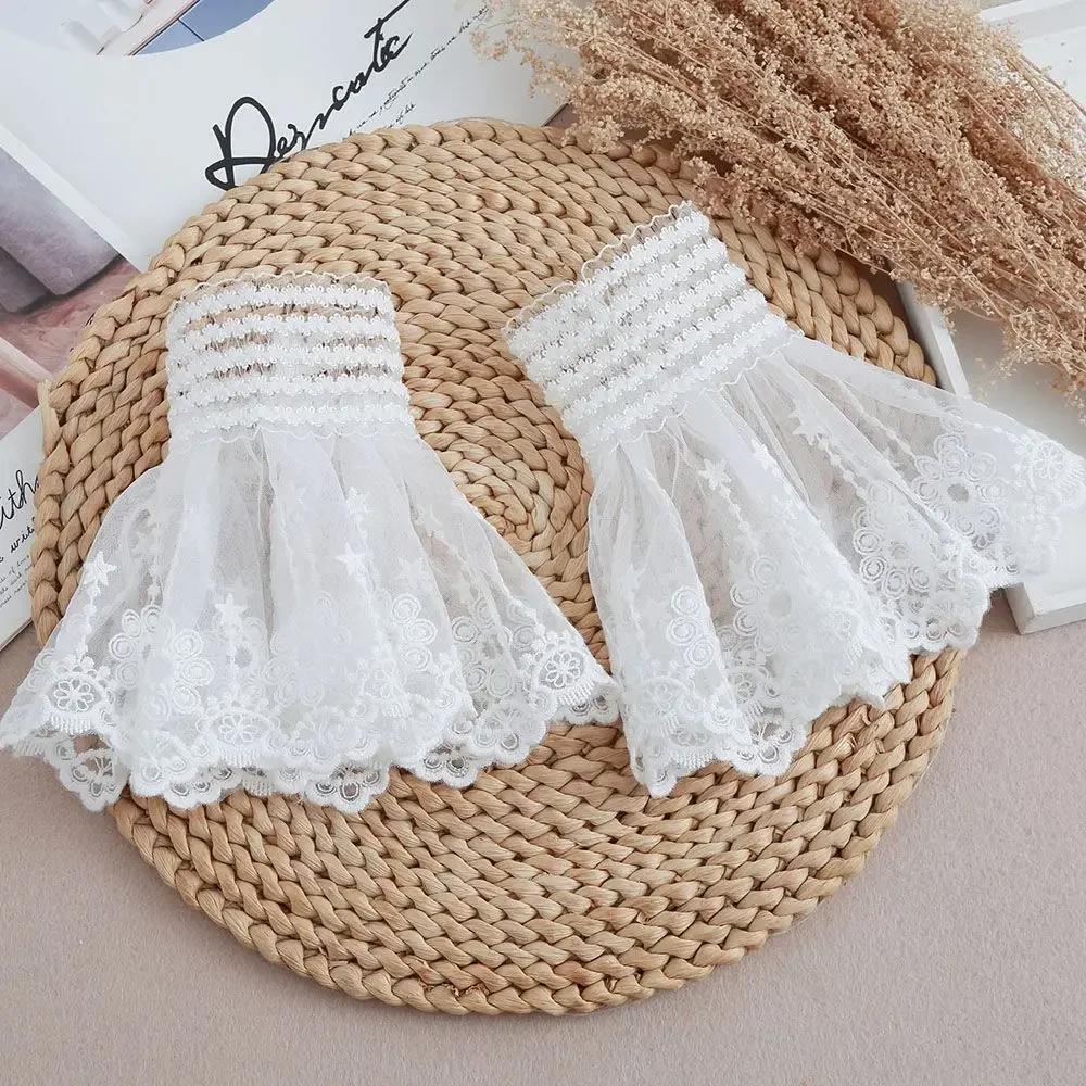 1 Paire de Faux Manchettes Amovibles en Dentelle Florale et Maille, à Double Couche, Plissées et Fro