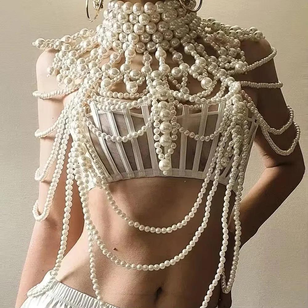 Chaîne de corps en perles tissées à la main, fausses perles, pompon perlé, chaîne de corps élégante,