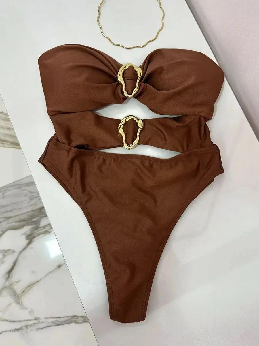 3 couleurs Sexy anneaux en métal découpé femmes maillots de bain une pièce maillot de bain femme Ban