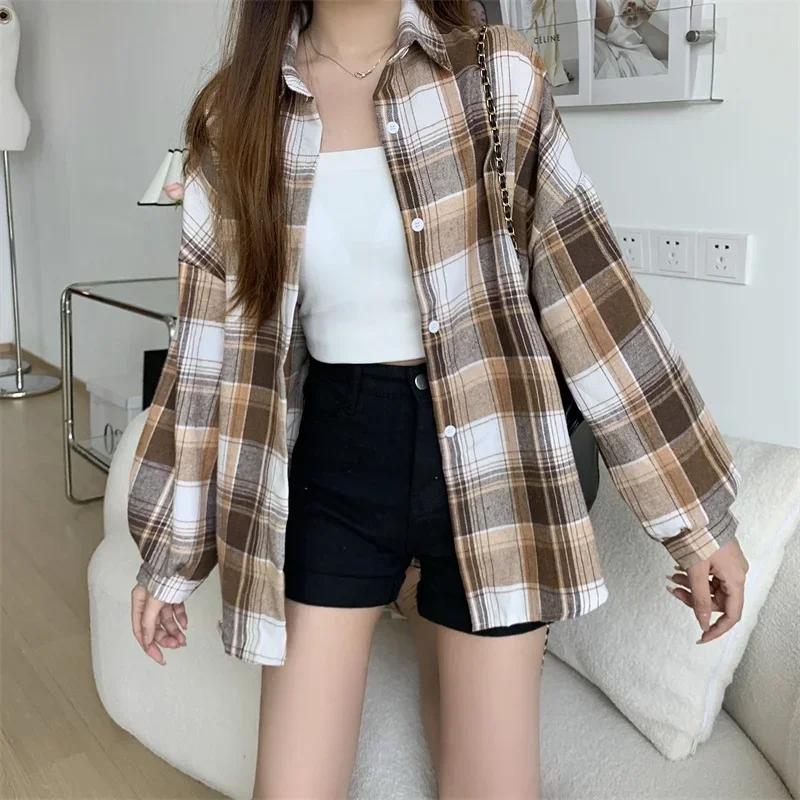 Chemise à carreaux femmes automne à manches longues haut femme simple boutonnage Blouse dames Style 