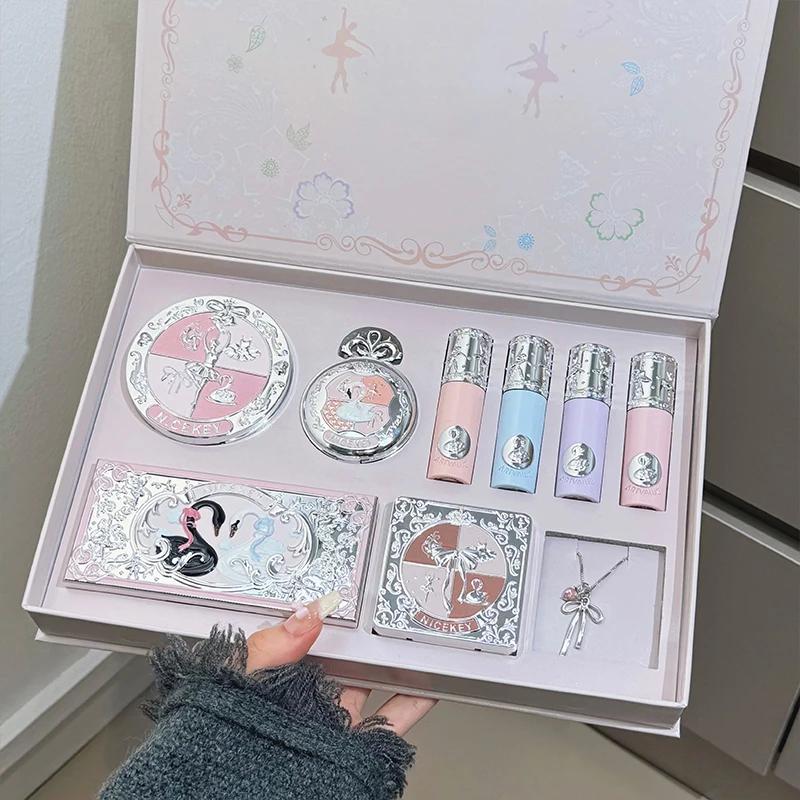 NICEKEY Coffrets de maquillage rose ballet comprenant 4 rouges à lèvres, 1 fard à joues, 1 poudre pr