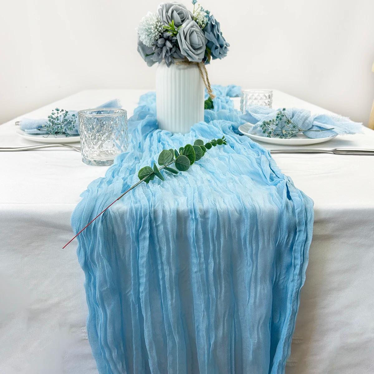 Chemin de Table en Gaze Semi-Transparente, Bleu Ciel, Vintage, Étamine, pour Salle à Manger, Noël, B