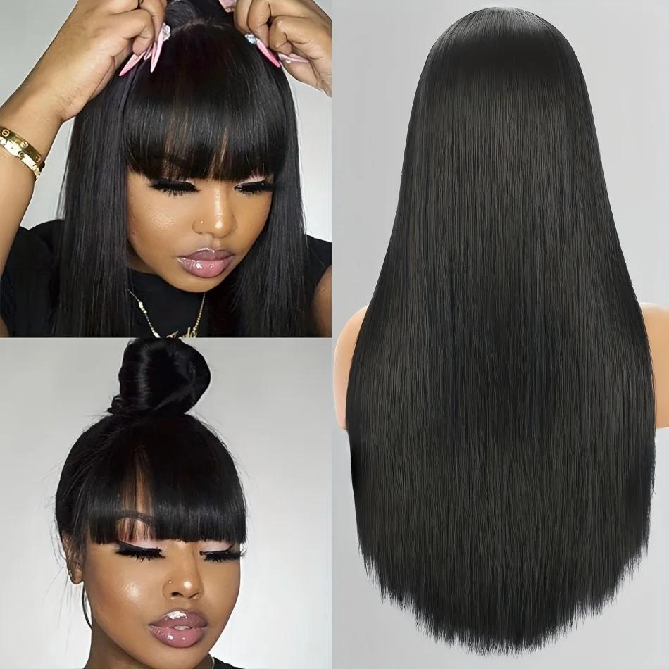 Perruque en cheveux humains lisses avec frange, densité 220, 30 pouces, brésilienne, perruques en de