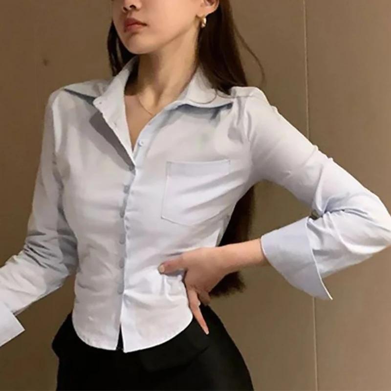 Coréen blanc bureau femmes chemise en mousseline de soie poche bouton revers dames Blouse printemps 