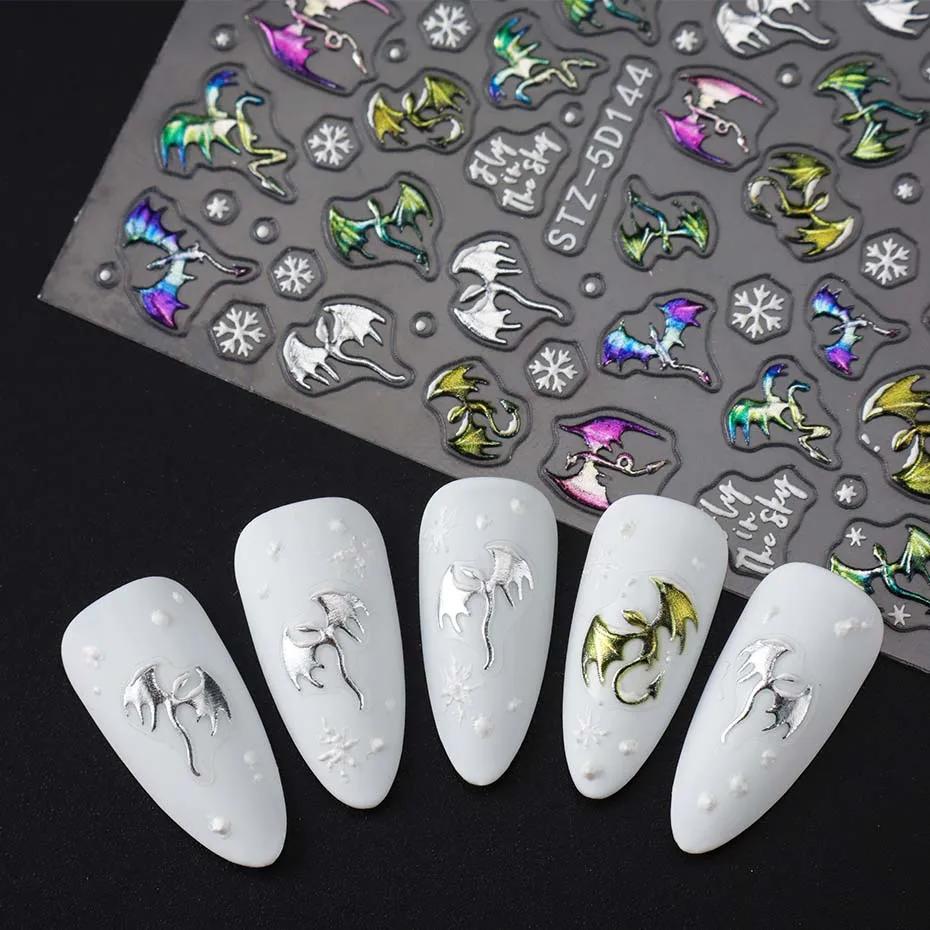 1/2 pièces 5D en relief métallique coloré Dragon ongles autocollants flocons de neige auto-adhésif b