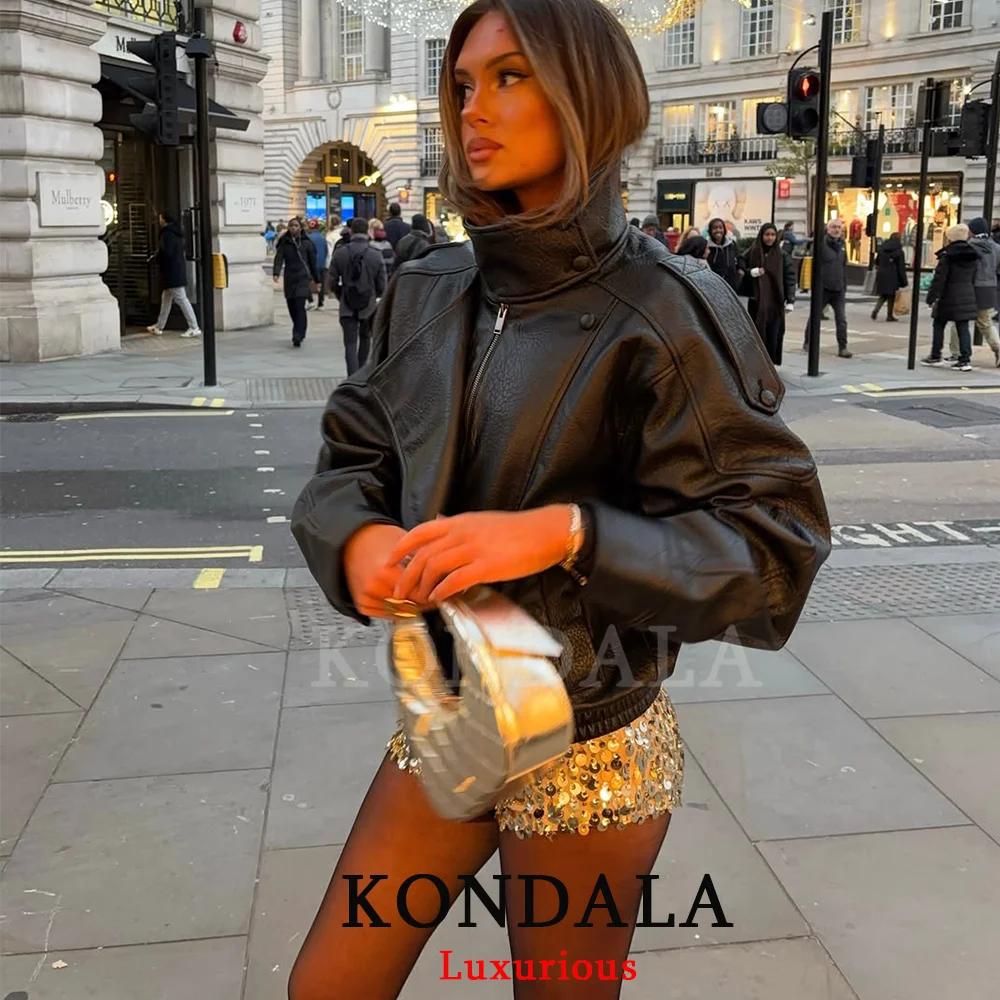 KONDALA décontracté Chic noir en cuir vestes femmes à manches longues boutons élastique surdimension