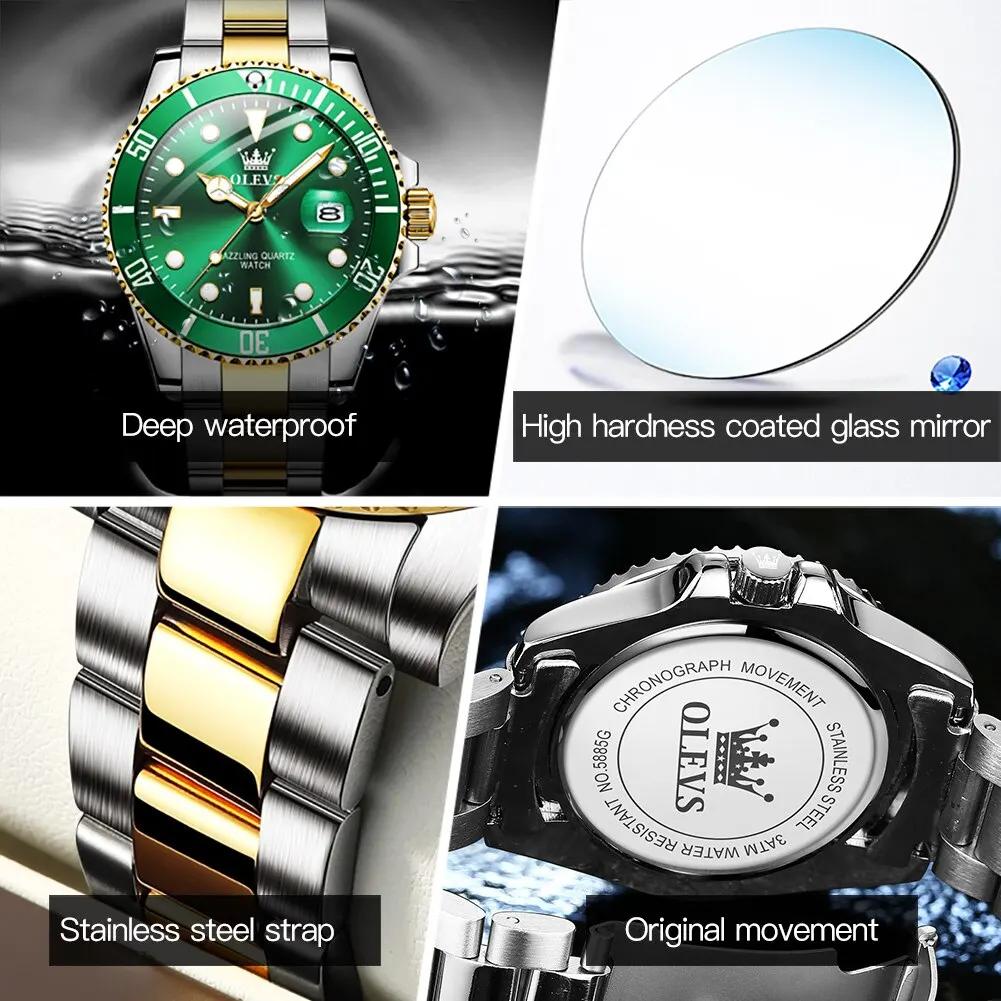 OLEVS-Montre à quartz étanche verte pour homme, acier inoxydable, montre-bracelet Shoous, luxe, haut