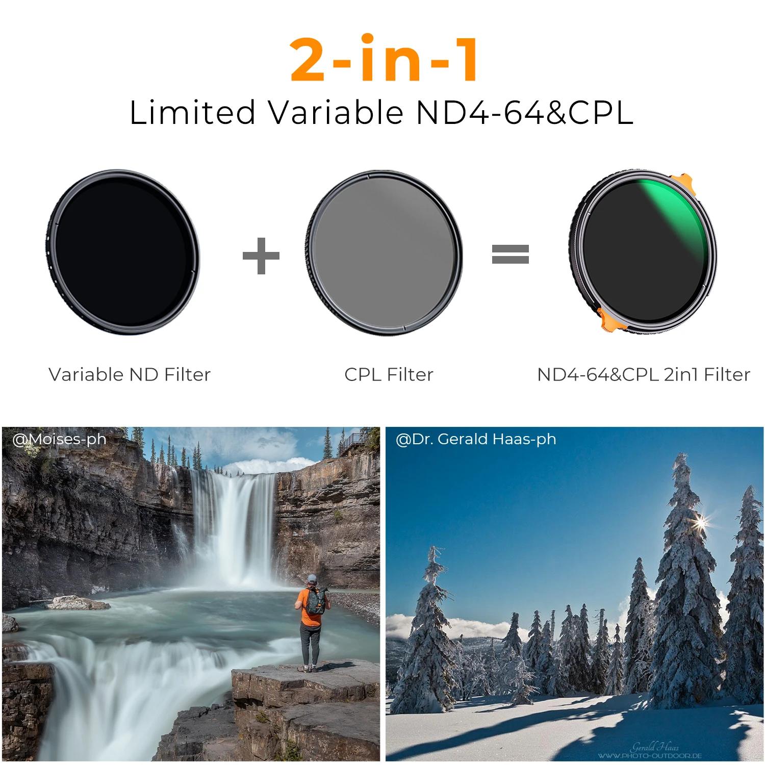 K & F CONCEPT Nano-X série 2in1 filtre polarisant circulaire Variable ND + CPL 37-82mm ND4 à ND64 fi