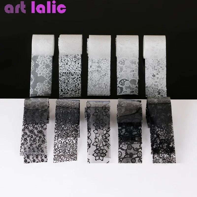 Feuille de transfert de dentelle noire et blanche, 10 rouleaux de 2.5x60cm, pour Nail Art, enveloppe