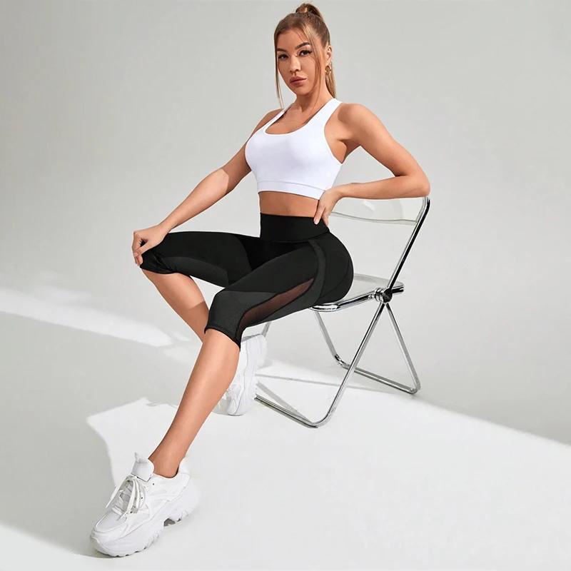 TUNIControl-Pantalon de yoga taille haute en maille pour femme, capri d'entraînement avec poches
