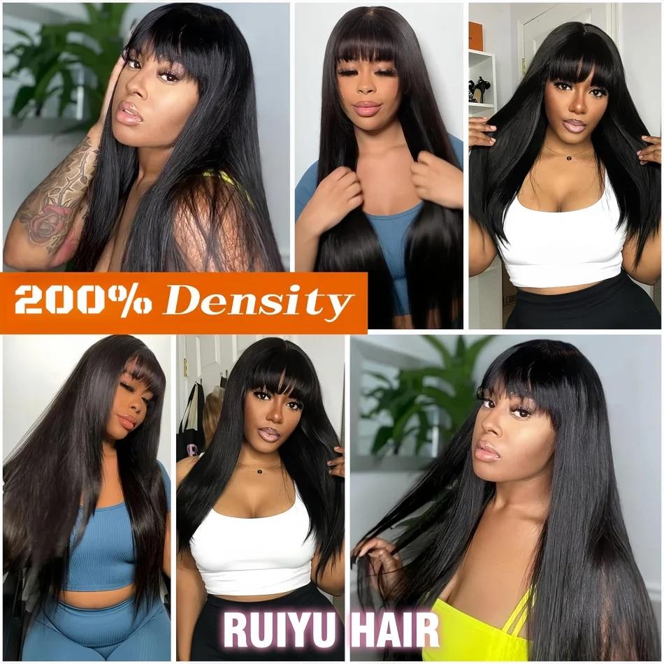 Perruque en cheveux humains lisses avec frange, densité 220, 30 pouces, brésilienne, perruques en de
