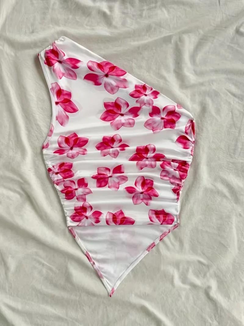 Haut court pour femme, haut court élégant à une épaule, débardeur imprimé floral, design asymétrique