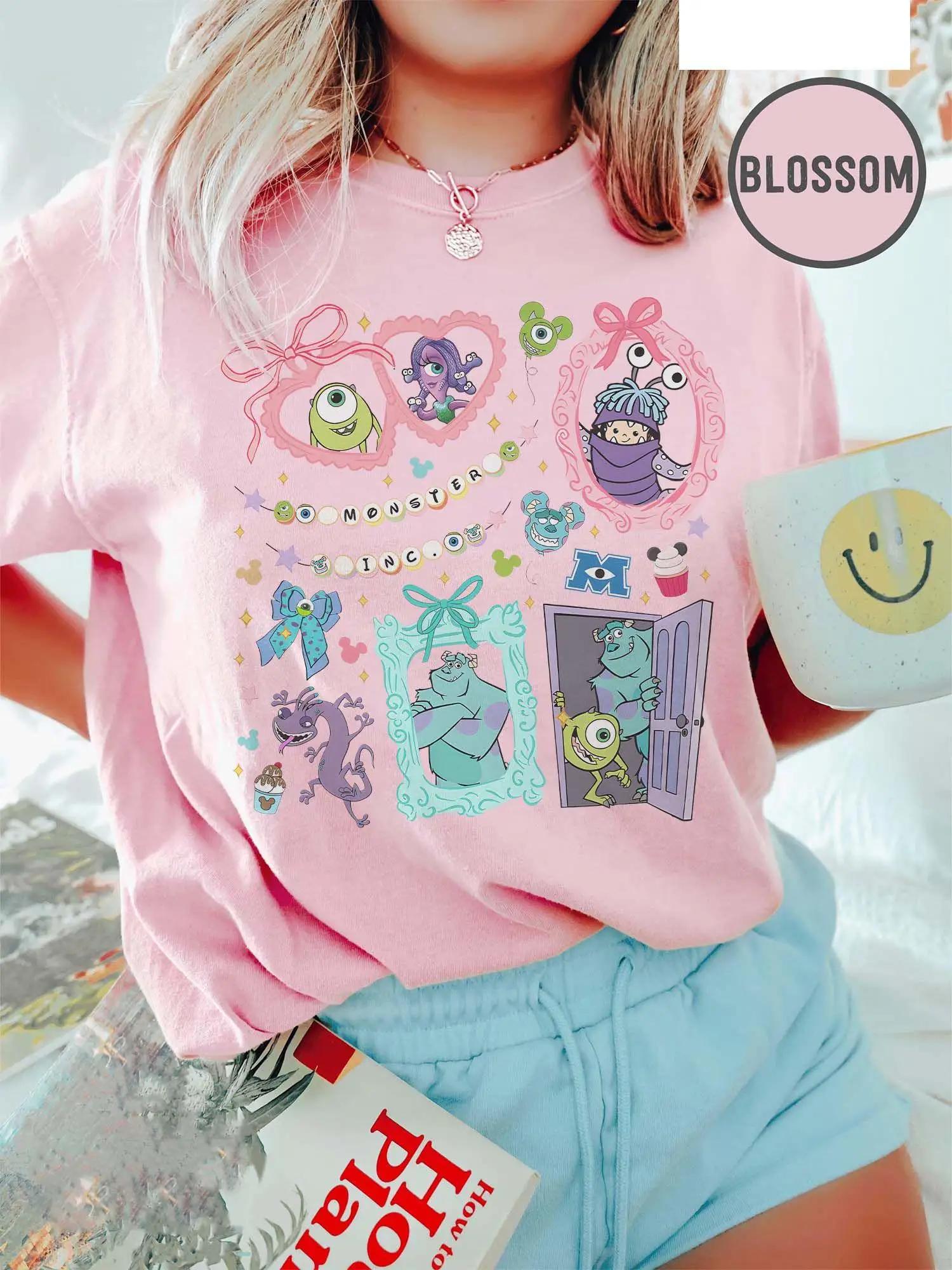 T-shirt Disney Bow Monster Inc pour femmes, en coton, classique, manches courtes, unisexe, streetwea