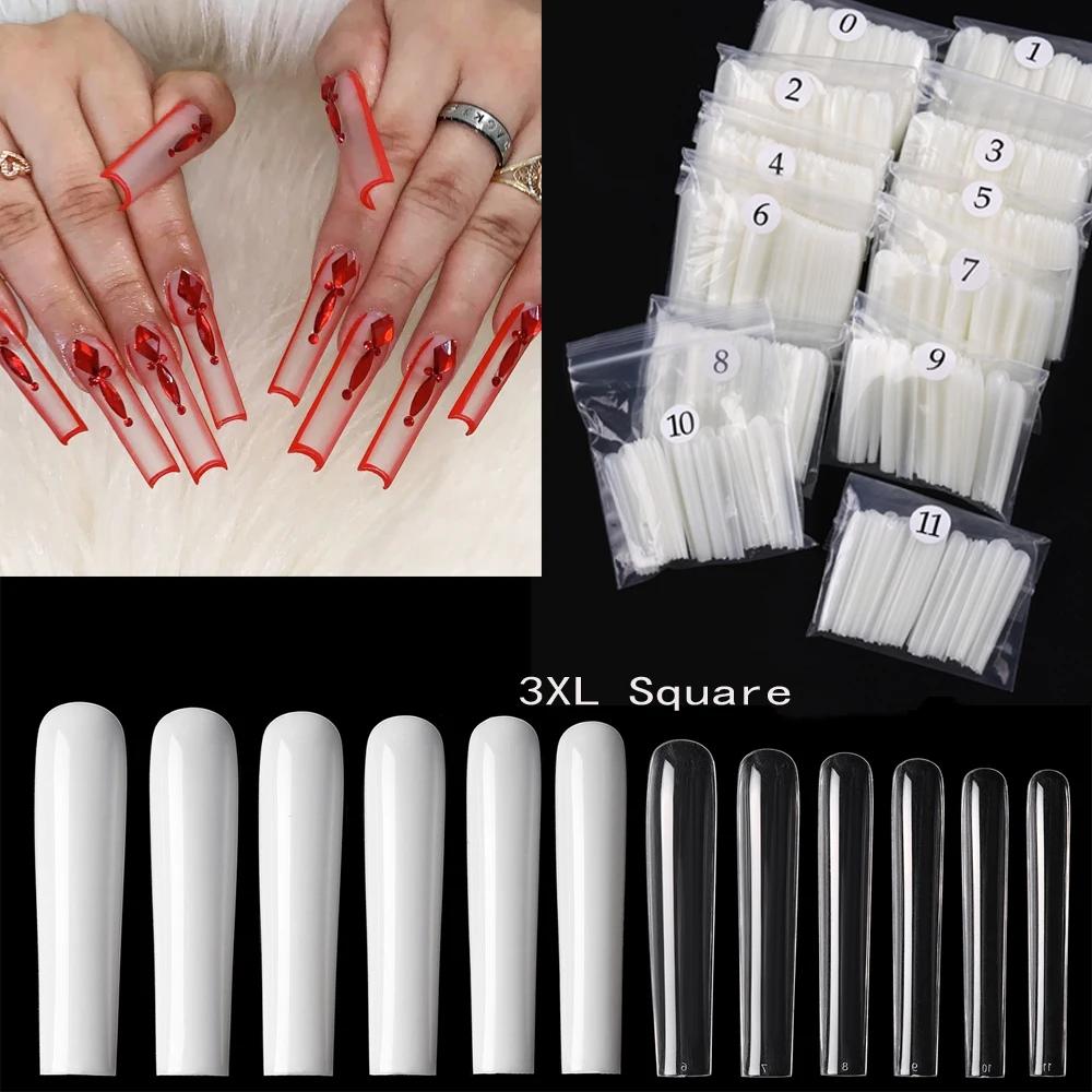 120 faux ongles carrés extra longs 3XL, en acrylique transparent, à presser, pour manucure