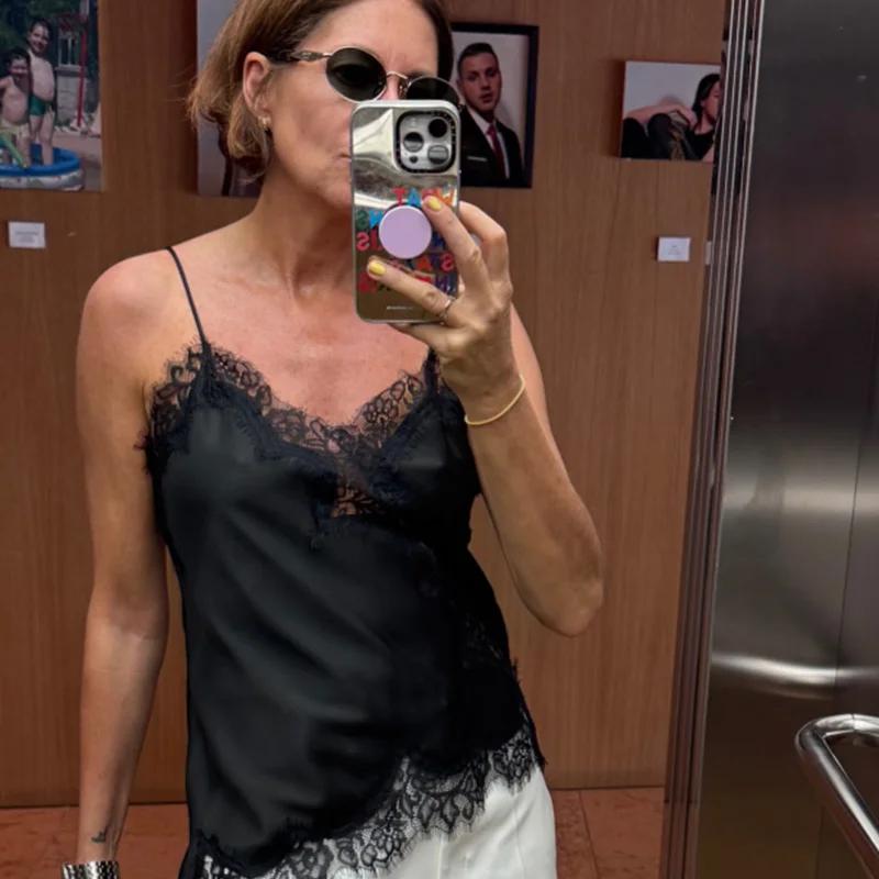 HXAO femmes recadrée dentelle haut Slip dos nu Sexy haut bleu femmes sans manches Camisole hauts de 