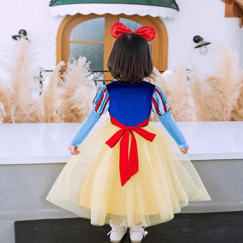 Robe de princesse Blanche-Neige pour Halloween, manches longues, en velours, costume pour enfants, f