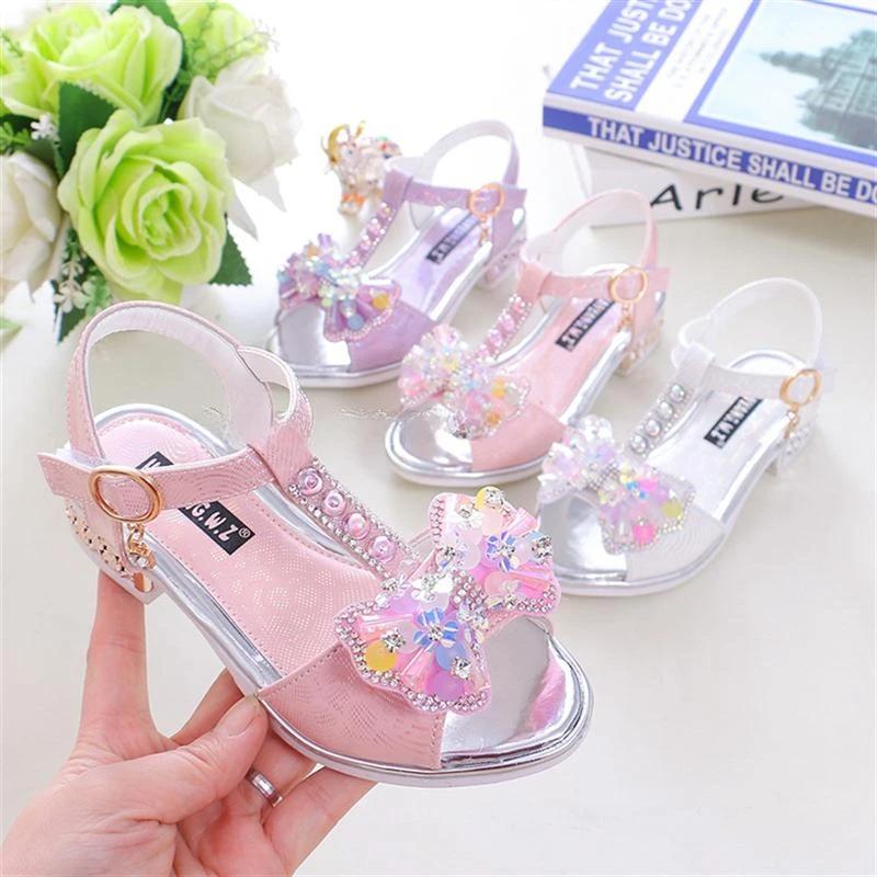 Sandales à talons plats pour filles, printemps et été, robe de princesse avec nœud, chaussures à la 