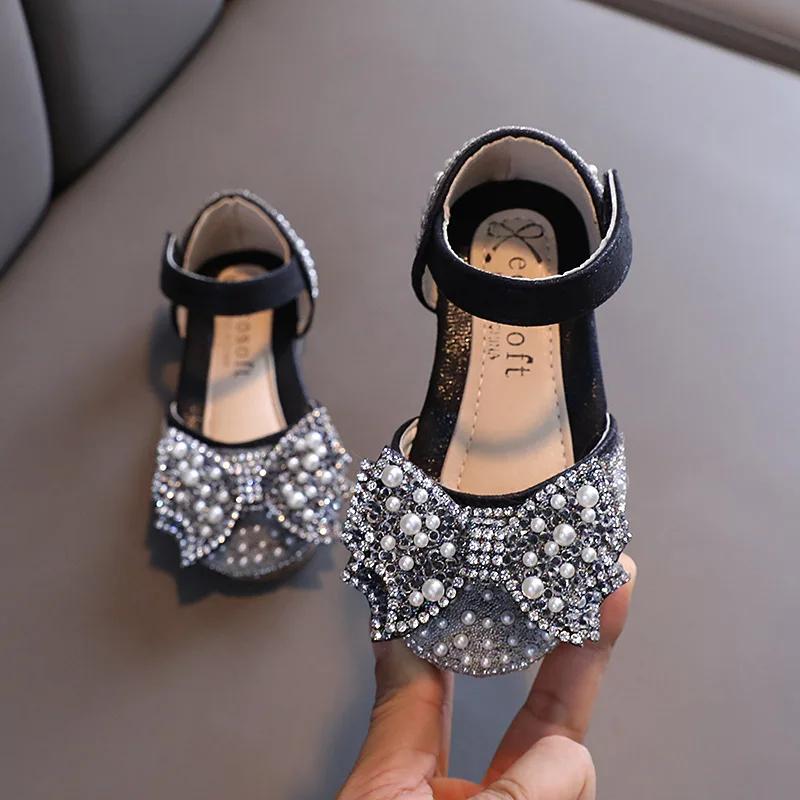 Sandales d'été plates de princesse pour filles, chaussures à paillettes avec nœud en strass, chaussu