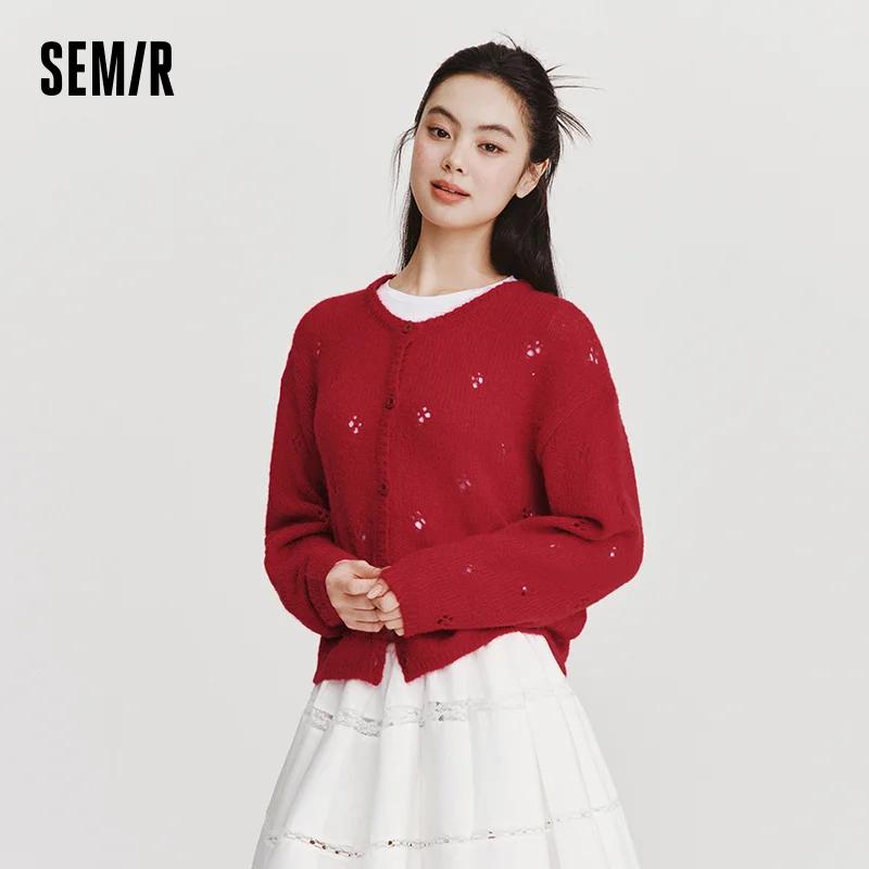 Cardigan rouge pour femme Semir, collection Printemps 2026, col rond ajouré, style décontracté et co