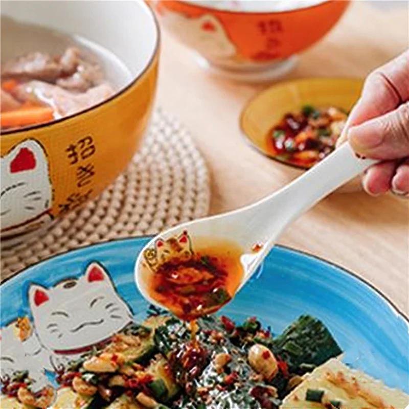 Cuillère à soupe en céramique 14cm, vaisselle japonaise blanche en os de chat porte-bonheur en porce