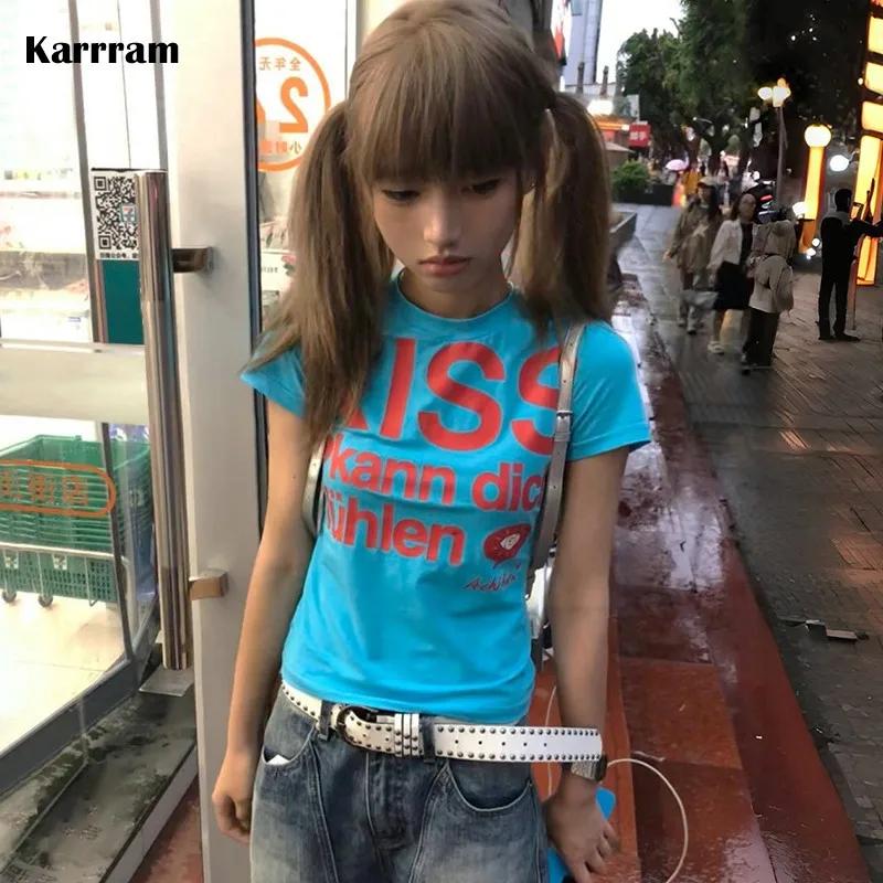 Karrram japonais Y2k lettre impression T-shirt Trashy 2000s Style haut court Vintage Harajuku manche