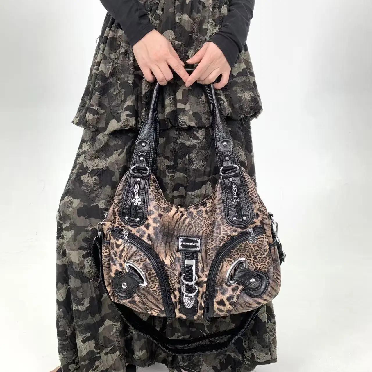 Y2K vintage hot girl personnalité sac à bandoulière imprimé léopard avec plusieurs compartiments, sa