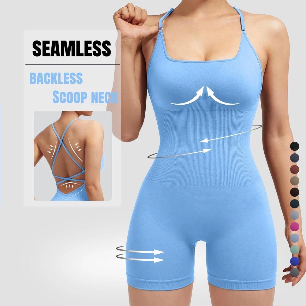 Combinaison de sport sexy pour femme, justaucorps de yoga une pièce, short froncé, dos nu, ajustable
