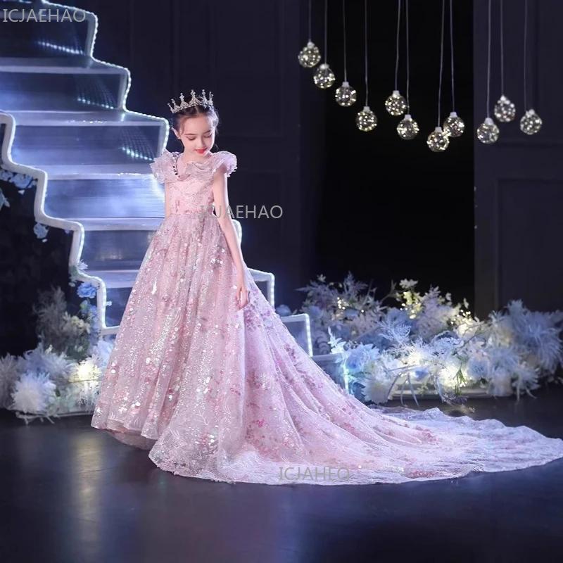 Robe de soirée élégante rose pour filles, style princesse avec traîne, pour petite fille, idéale pou