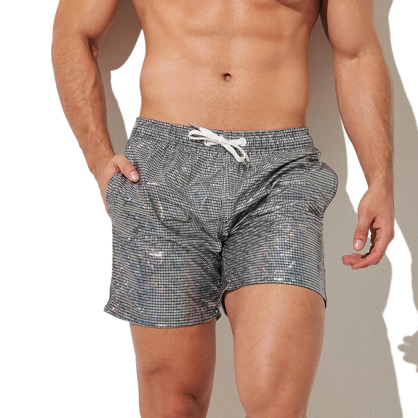 Planche de plage homme short de bain hommes maillots de bain argenté brillant surf troncs boxeurs Fa